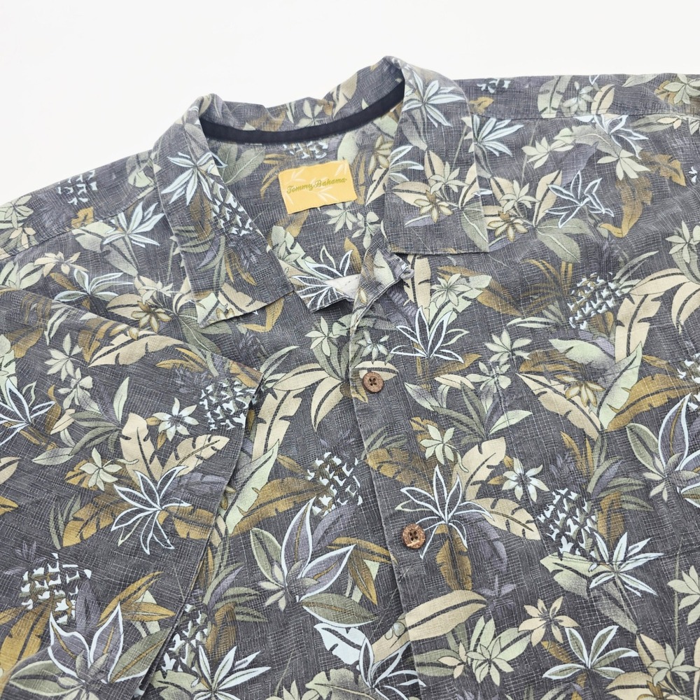 Tommy Bahama Mens 2XL Gray Tropical Floral Pineapple Silk Blend Camp Shirt